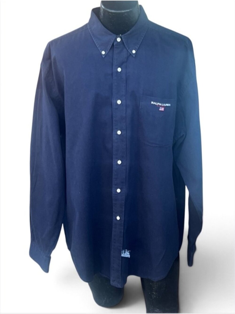 Vintage Ralph Lauren Sport Navy Blue USA Flag Logo Oxford Shirt Mens XL